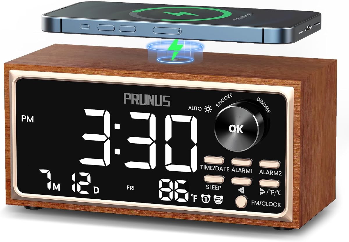 PRUNUS J-177 Retro Vintage Alarm Clock Radio with Fast Wireless Charging