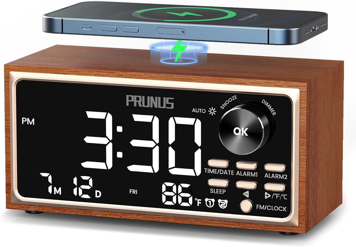 PRUNUS J-177 Retro Vintage Alarm Clock Radio with Fast Wireless Charging, Dual Alarms, Snooze, Large LED Display,Dimmer Control,Auto-Dimming,Retro Clock for Bedroom