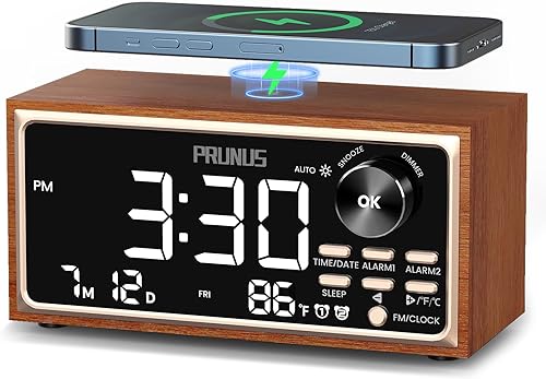 PRUNUS J-177 - Reloj despertador retro vintage con carga inalámbrica rápida, alarma dual, repetición, pantalla LED grande, control de atenuación,