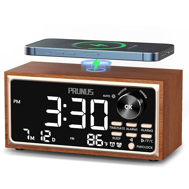 PRUNUS J-177 Retro Vintage Alarm Clock Radio with Fast Wireless Charging Dual Alarms Snooze Large LED Display Dimmer