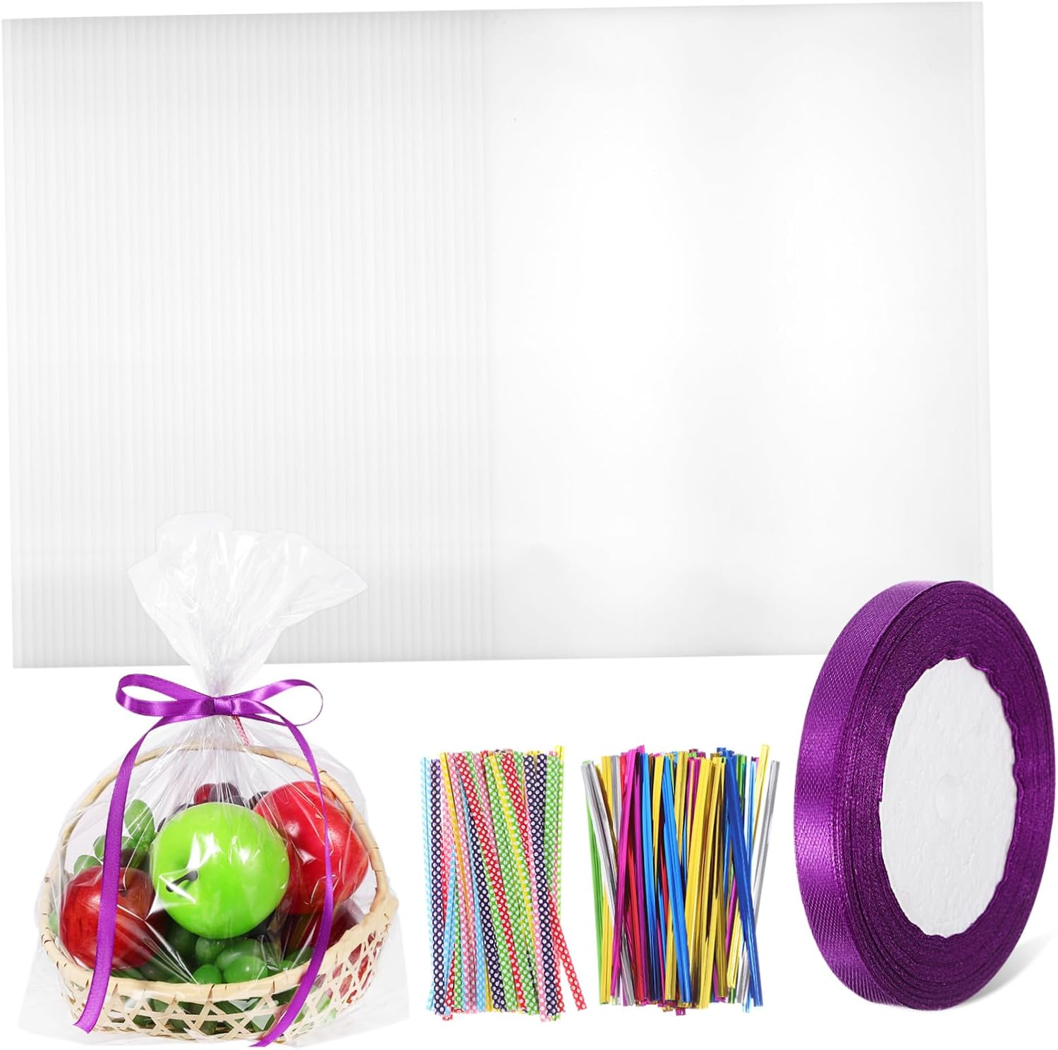 Mikinona 100Pcs Transparent Cellophane Packaging Bags for Cookies Candy Dessert Snacks with Mixed Color Metal Twist Ties and Purple Ribbon Food-grade Tear-resistant Large Capacity Wrapping