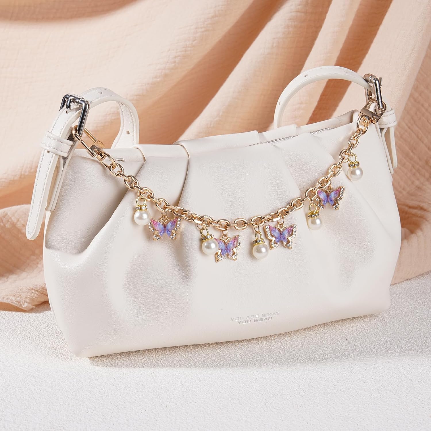 Butterfly Pearl Decorative Bag Charms - Gold Bagchain with Purple Butterflies Pendant, Replacement Extension Chain for Tote Shoulder Bags Handlebag Chains Straps for Women Crossbody