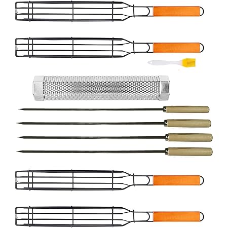 Kabob Grilling Baskets Grilling Basket and Pellet Smoker Tube, BBQ Grill Accessories set of 4 with 12” Stainless Steel Hot/Cold Smoker Tube Grills, BBQ Smoker Rotisserie Basket for Grilling Vegetables