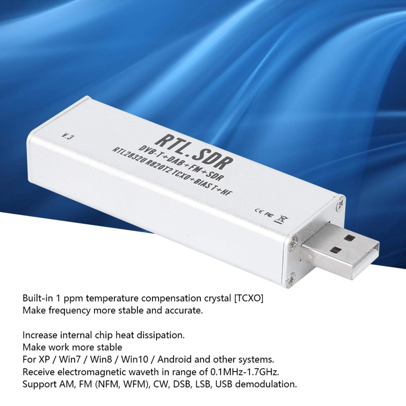 Elprico RTL SDR Stick, 0,1-MHz-1,7-GHz-Vollbandempfänger RTL SDR Funkkommunikationssystem-basiertes Software-definiertes Radio für XP/Win10/Android