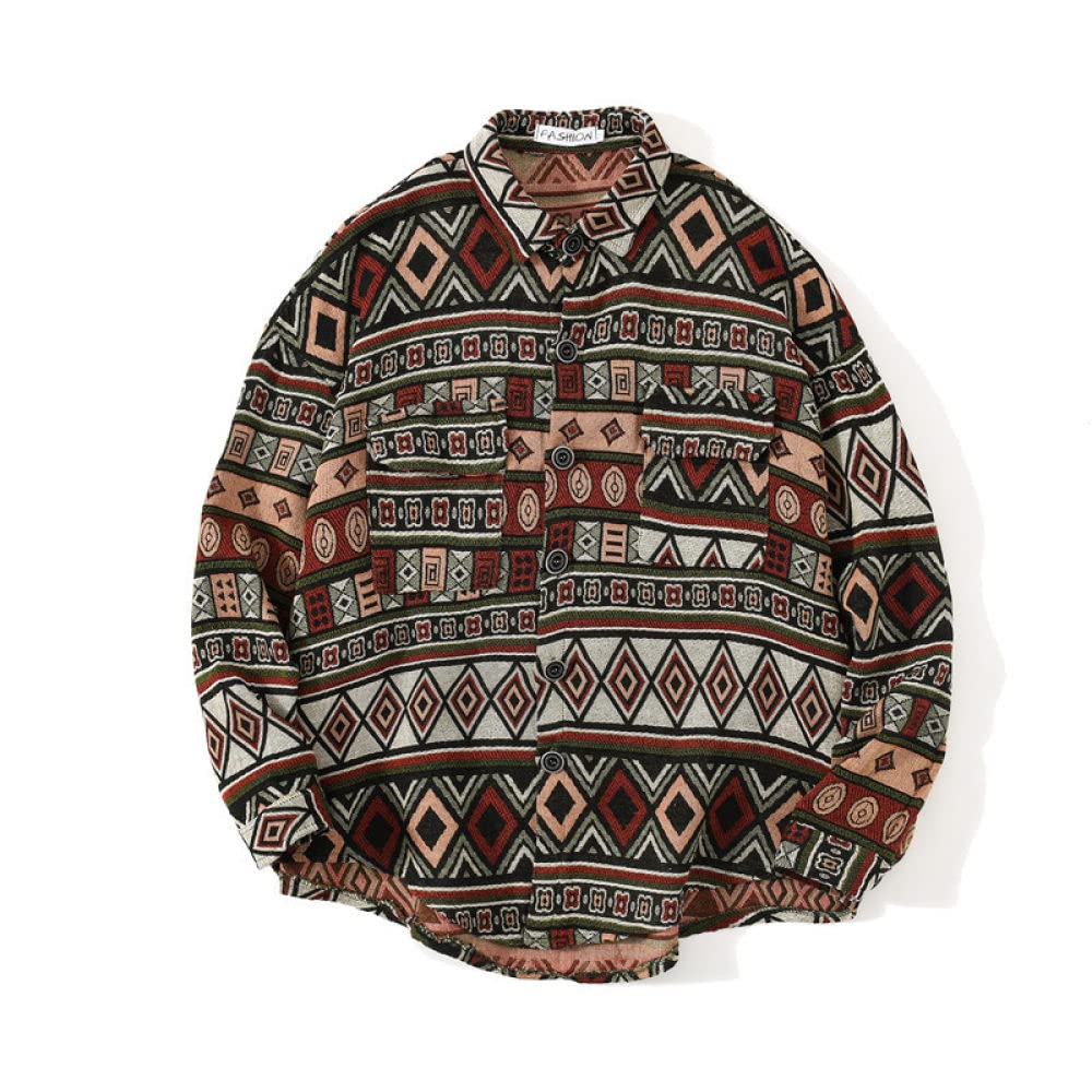 HGJH Herren Flanellhemd Langarm,Herren Langarmshirt Fleecejacke Boho Vintage Jacke Ethno Orange Thermohemd Futter Holzfällerhemd Bequem Lässiges Arbeitshemd Für Herren Jungen
