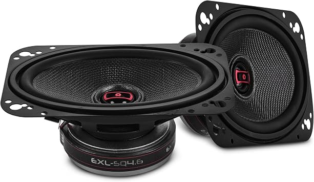 DS18 EXL-SQ4.6 4x6 2-Way Coaxial Speakers Pair, 60W RMS 260W Max Glass Fiber Cone, Neodymium Tweeter, 3-Ohm, Black Steel Basket