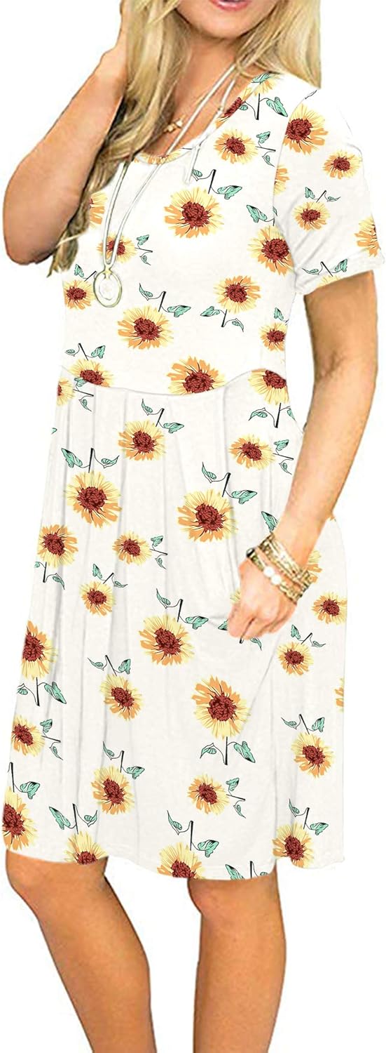 AUSELILY Women's Short Sleeve Pleated Loose Swing Casual Dress with Pockets Knee Length at  Women’s Clothing store