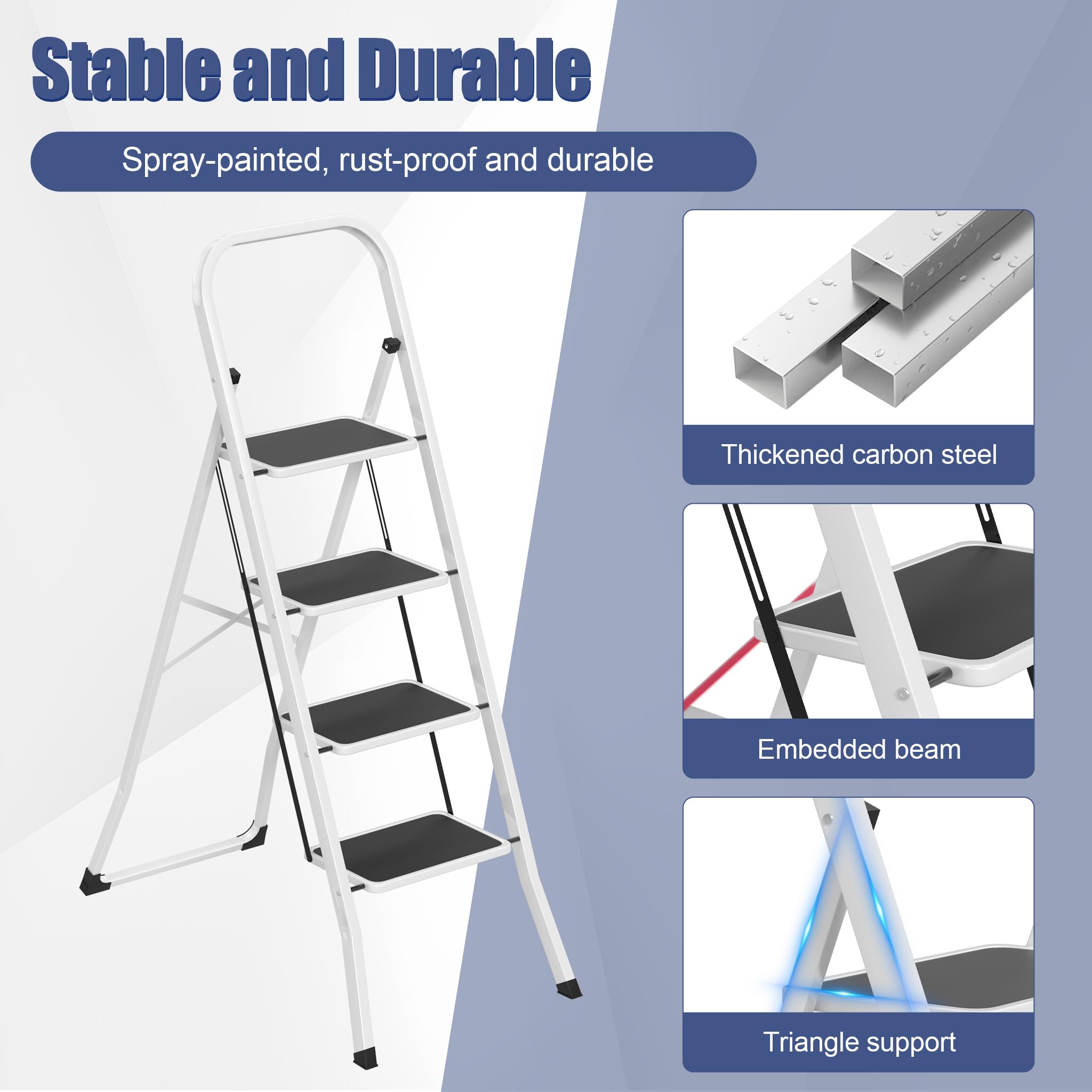 LARS360 Scala pieghevole a 4 livelli, in acciaio con gradini antiscivolo, portata 150 kg, pieghevole, per casa, cucina, ufficio, salvaspazio, solo 5 cm (nero + bianco)