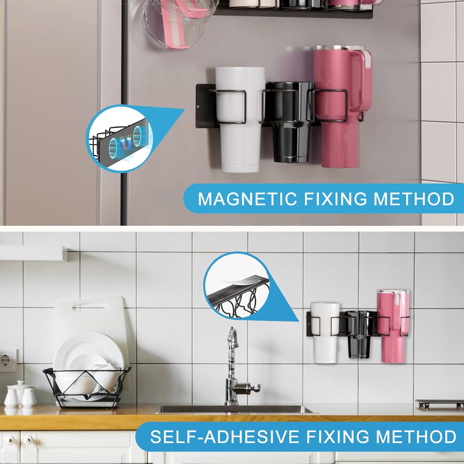 Water Bottle Organizer Holder for Stanley 40/30/20 oz, 2 Pack Strong Magnetic Cup Accessories, Kitchen Fridge Cabinet Metal Storage Rack, Easy Installation (Black, 6 Bottles) (black) - Image 4