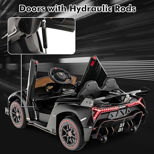 Miniatura 8 de INFANS Vehículo eléctrico Lamborghini Veneno de 2 plazas para niños, 12 V 4 WD, con puertas hidráulicas, modo mecedor, velocidades ajustables,