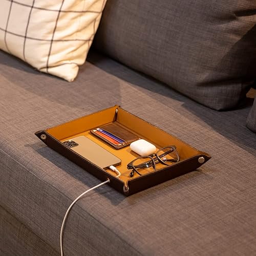 Miniatura 8 de Bandeja grande de cuero genuino Bandeja de cartera de joyería, plato para llaves, mesa de entrada, organizador para hombres, bandeja de noche,