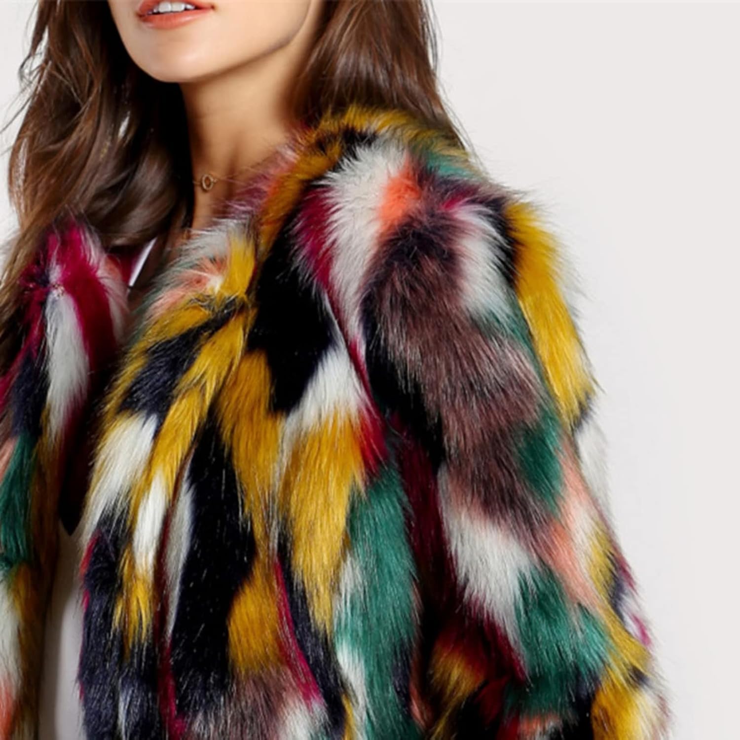 Women's Winter Multicolor Faux Fur Coat Long Sleeve Open Front Luxury Colorful Warm Fuzzy Jacket Outwear-HINDOLA - Image 3