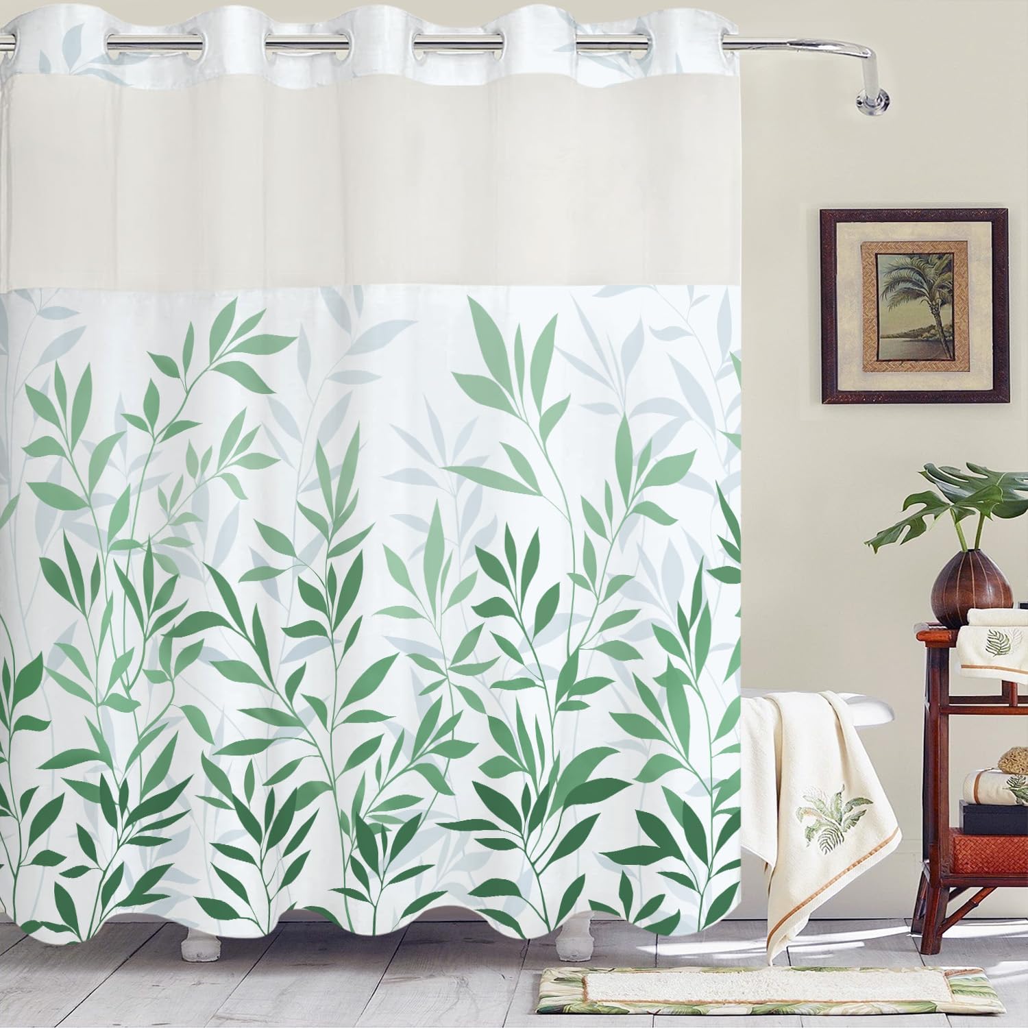 Hookless Shower Curtain for Bedroom Plant Leaves Shower Curtain Liner Waterproof Green and White Fabric Curtain Decor (Green)