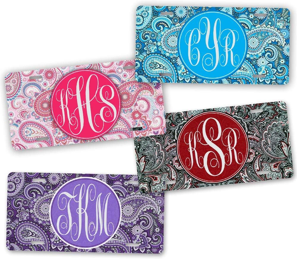 Custom Monogrammed Paisley License Plate Personalized Auto Tag Plate Sign Pink Red Blue or Purple