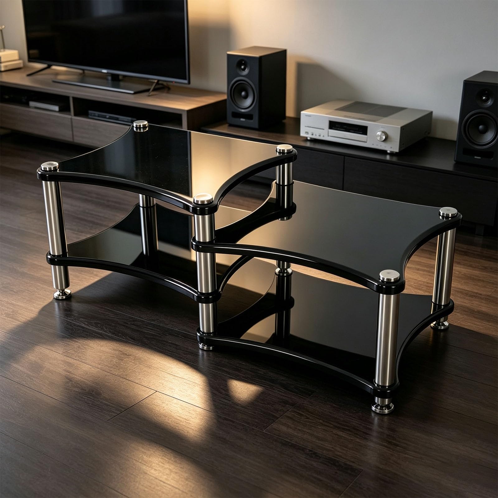 Mueble para tocadiscos de madera y metal con soporte reforzado antivibración
