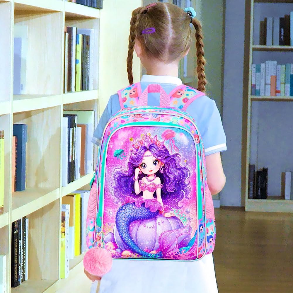 3Pcs Mermaid Backpack for Girls, 16" Kids Bookbag with Lunch Box, School Backpacks Set for Elementary Preschool Kindergarten(Pink) - Image 7