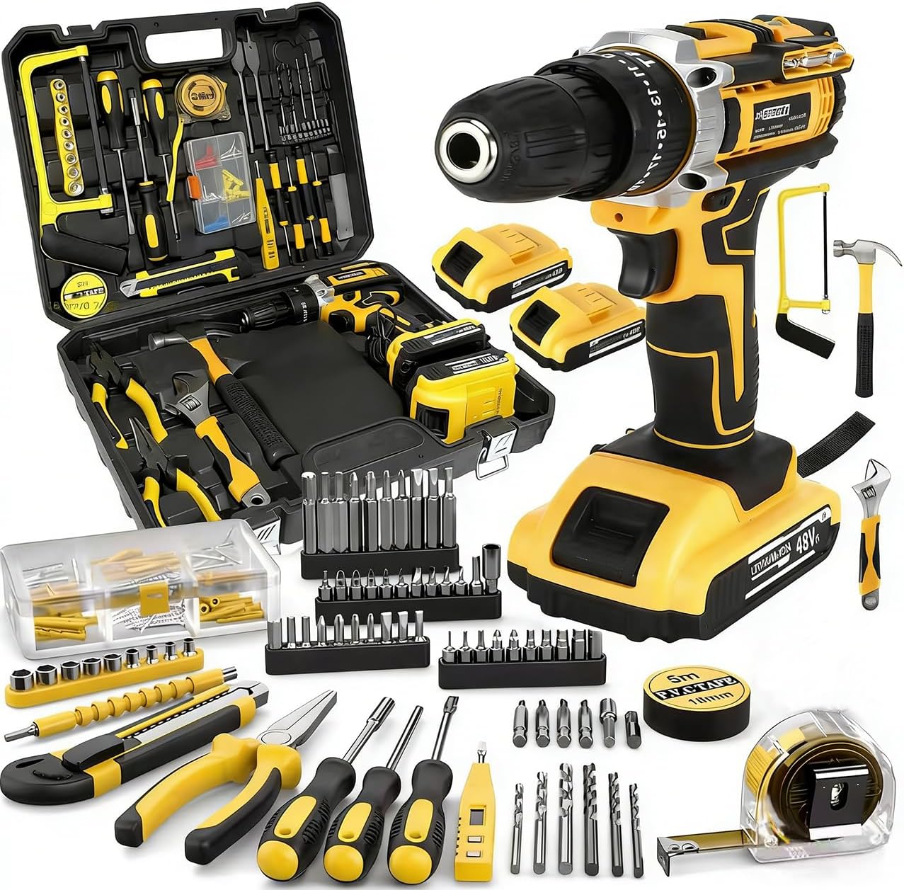21V Cordless Drill Driver Kit, Brushless 1500RPM Power with 25+3 Clutch, 2 Batteries & Charger, 3/8" Keyless Chuck, LED Light, Complete Set with Carry Case (148PCS Electric Drill Tool Set)