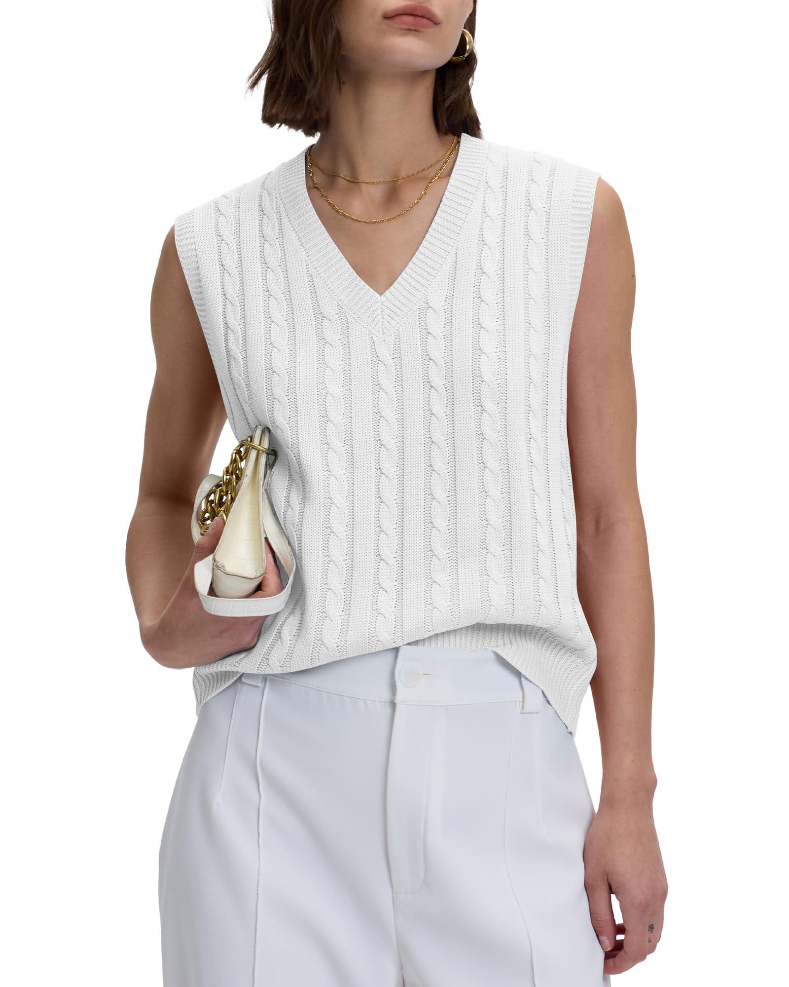 Locachy Women's White Vintage Loose V Neck Sleeveless Cable Knit Preppy Style Pullover Sweater Vest, M