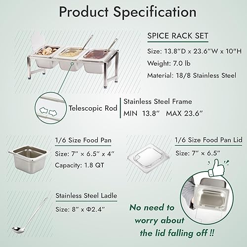 Vista 29 de CURTA Juego de estante de especias expandible de acero inoxidable 18/8, certificado NSF, estante organizador inclinado de 2 niveles con bandeja