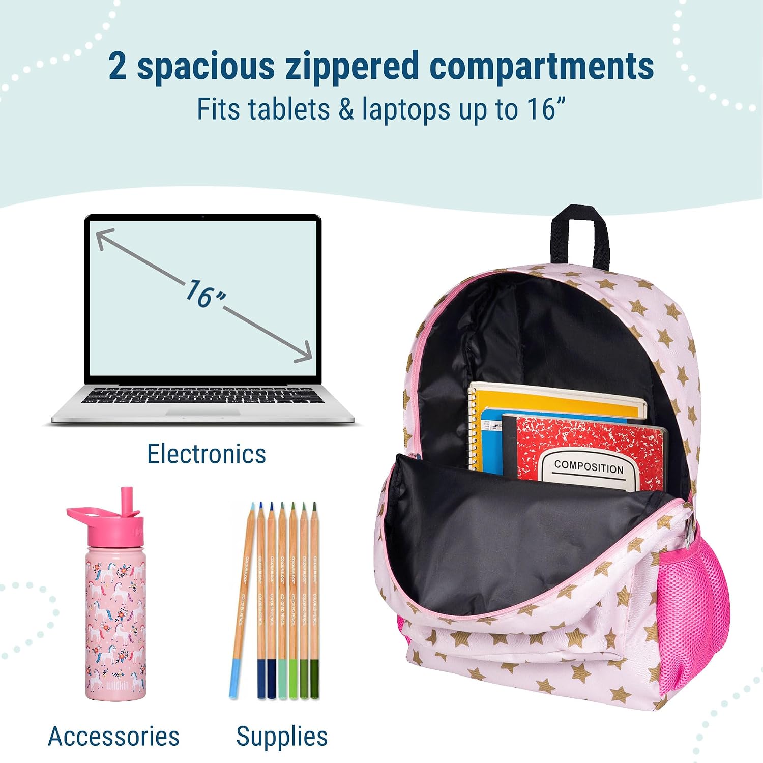 Wildkin 16-inch Kids Backpack – Durable, Padded & Spacious School Bag for Boys & Girls - Pink and Gold Star