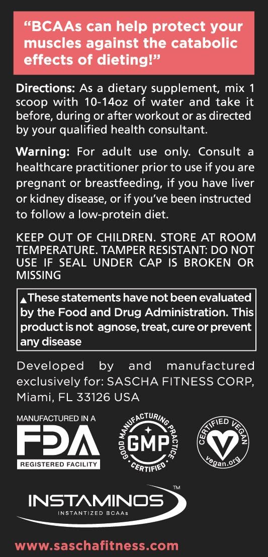 Sascha Fitness BCAA 4:1:1 + Glutamine,HMB,L-Carnitine,HICA | Powerful and Instant Powder Blend with Branched Chain Amino Acids (BCAAs) for Pre,Intra and Post-Workout | Natural Watermelon Flavor,350g : Health & Household