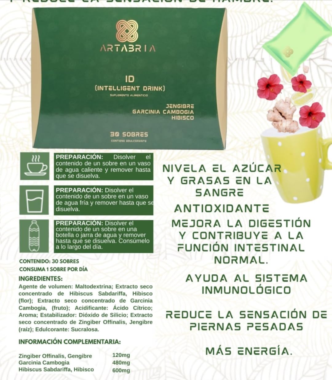 Artabria Inteligent Drink Bez Kofeiny z Imbirem, Garcinia Cambogia i Hibiskusem, 30 Saszety
