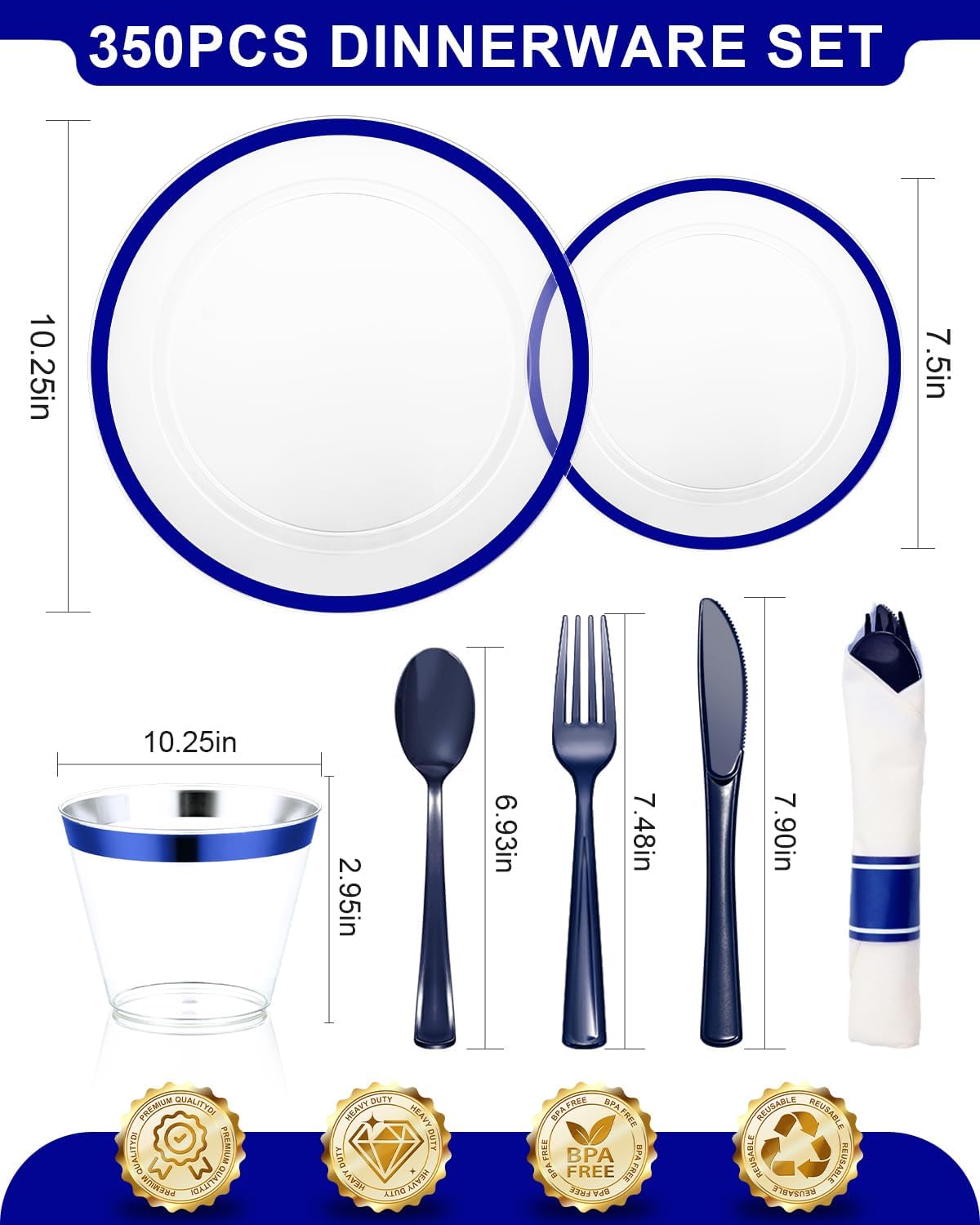 350PCS Plastic Clear Blue Plates for Party, Disposable Dinnerware Set for 50 Guests,100 Plastic Plates, 50 Cups, 50 Pre-Rolled Napkins with Cutlery for Party, Christmas, Wedding - Image 3