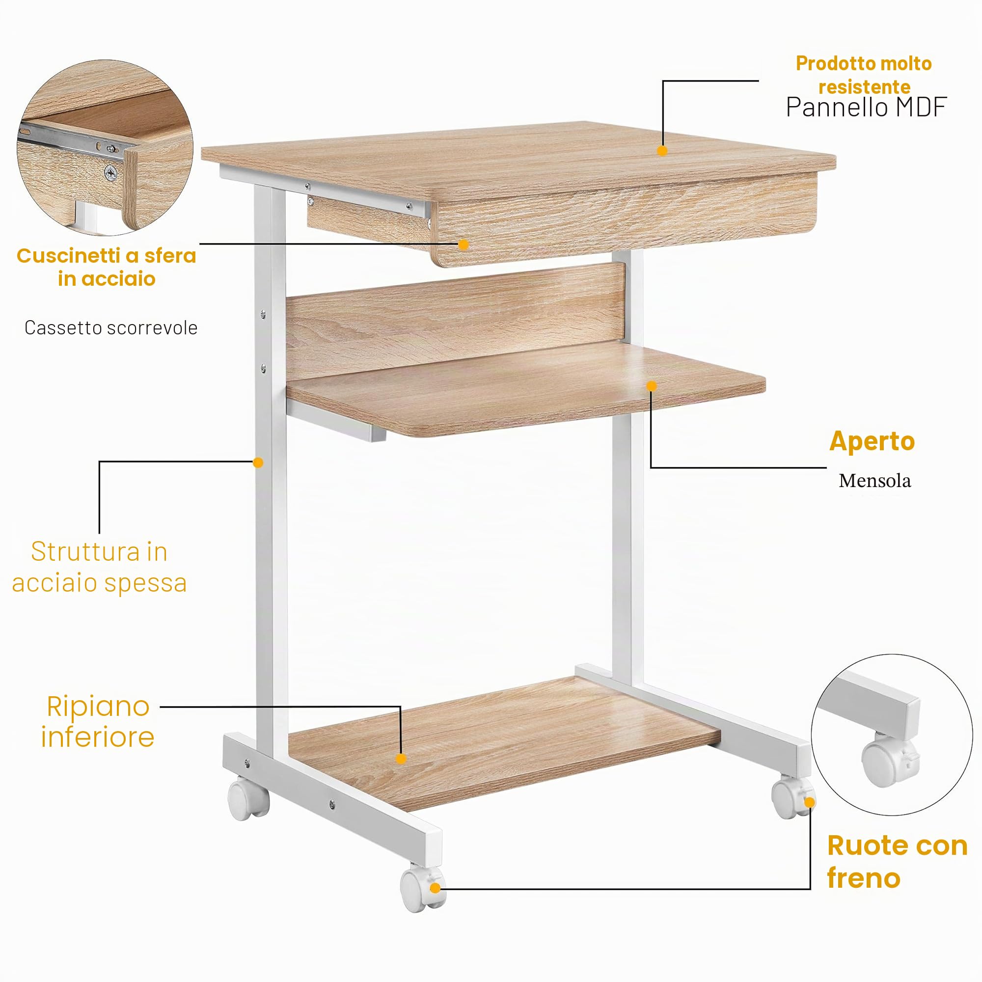 Yaheetech Scrivania per Computer Scrivania con Tastiera Scorrevole ad Angolo Tavolo con Ruote Tavolo da Lavoro Mobile Porta pc da Ufficio56 x 51 x 79 cm