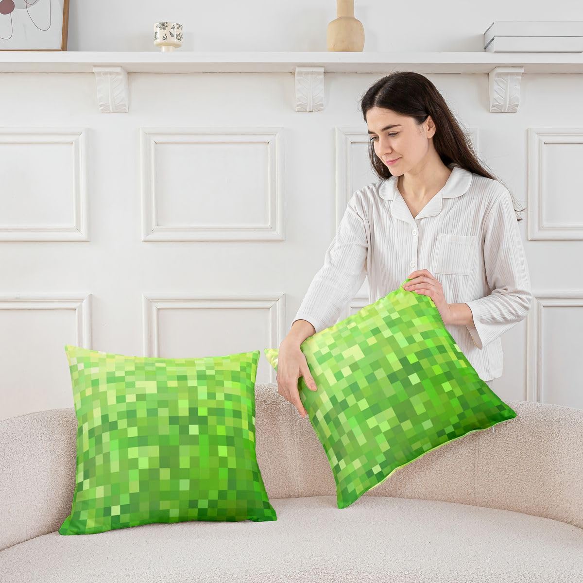 Manfei Pixel Grid Miners Kids Throw Pillow Cover,Videogame Plaid Lattice Double Sides Pillow Case,Geometric Gaming Check Home Decor,Green Bed Couch Sofa Cushion Cover,4 Pack 20"x20" image 5