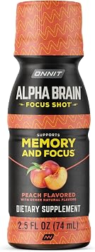 ONNIT Alpha Brain Focus Shot, Nootropic Energy & Focus Drink, Peach, 6ct