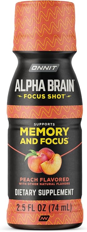 ONNIT Alpha Brain Focus Shot, Nootropic Energy & Focus Drink, Peach, 6ct