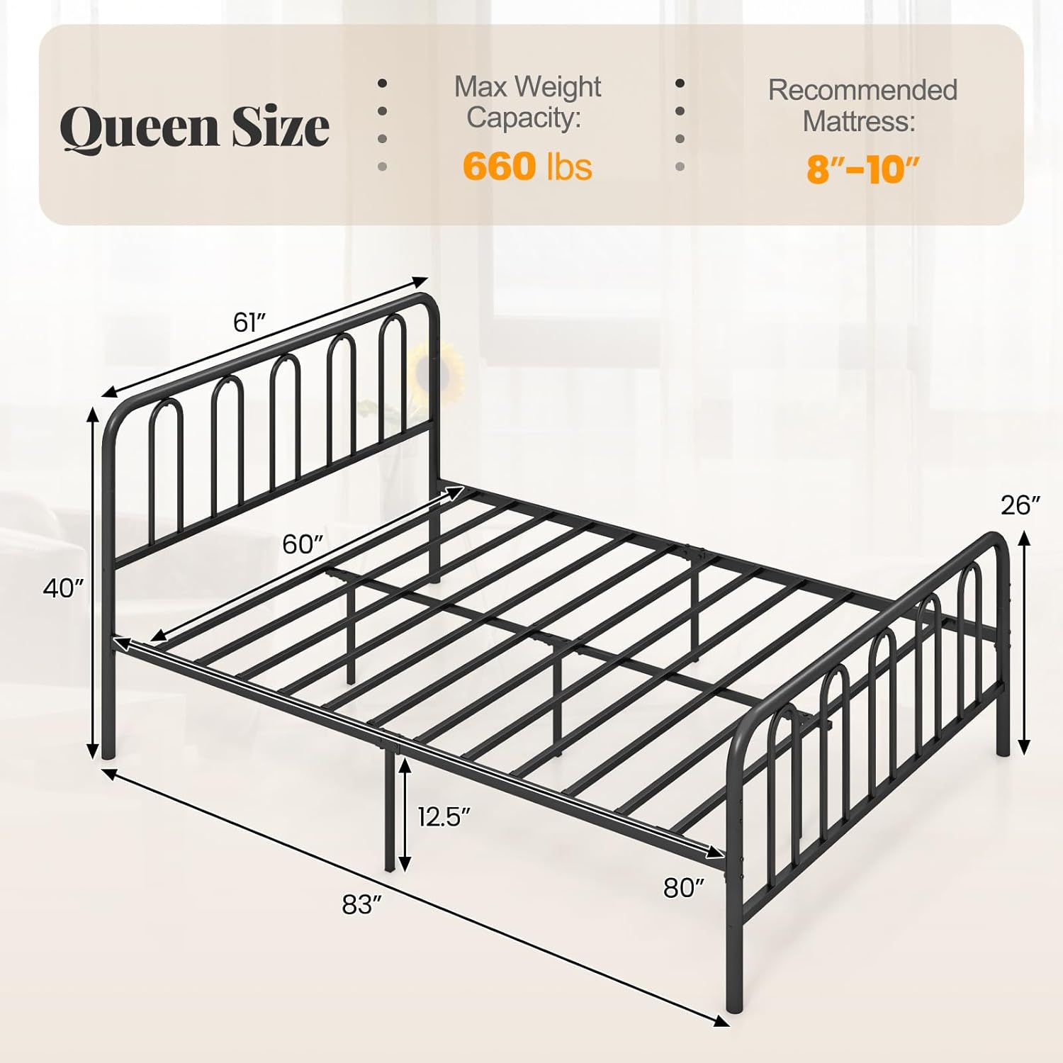 Giantex Queen Size Metal Platform Bed Frame, 14-Inch Heavy-Duty Bed Frame with Headboard and Footboard, Modern Metal Slats Mattress Foundation for Storage, No Box Spring Needed, Queen Bed, Black