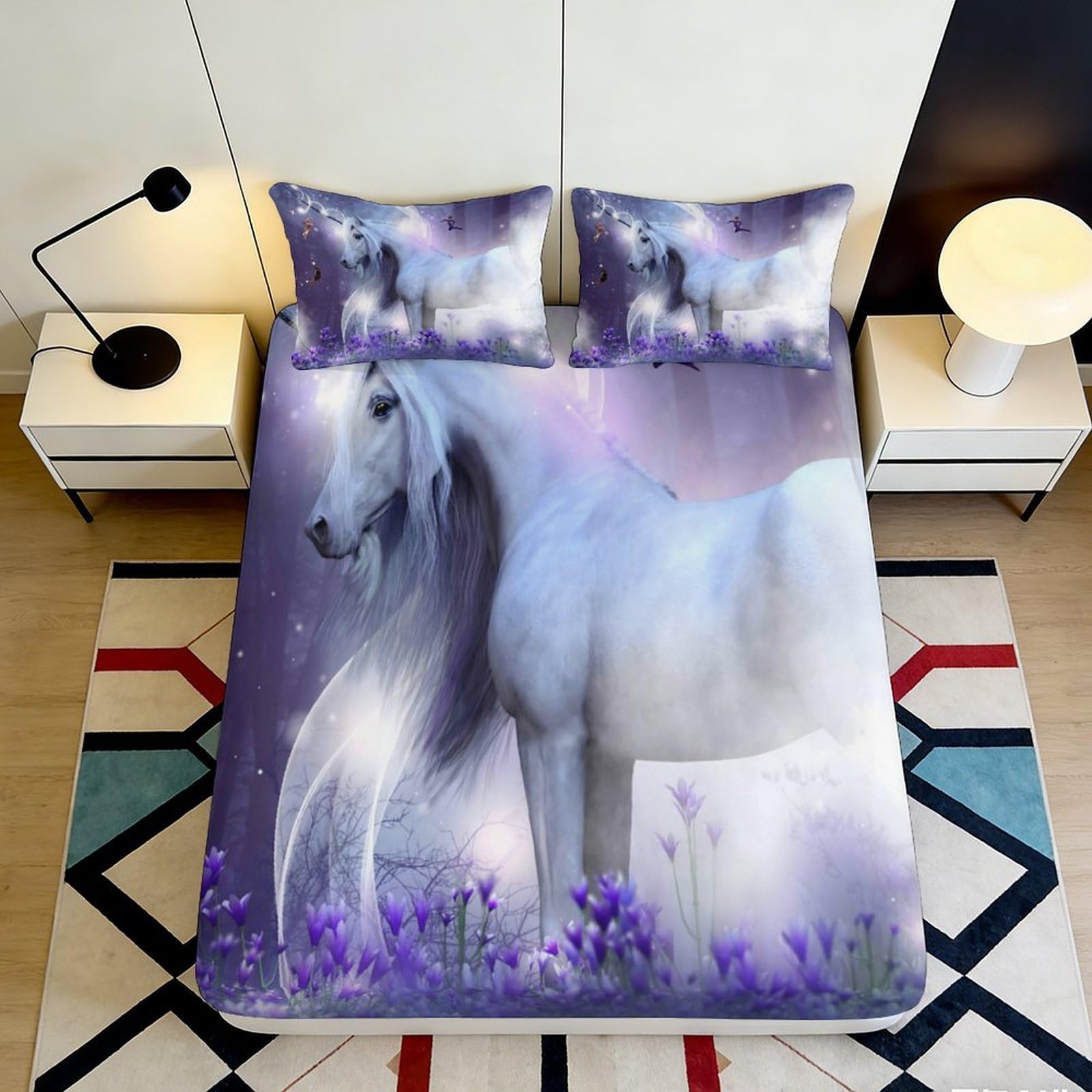 3D Printed Magical White Unicorn Fitted Sheet Microfiber Purple Fantasy Flowers Mattress Cover Bedroom Dorm Decor 160x200x25cm