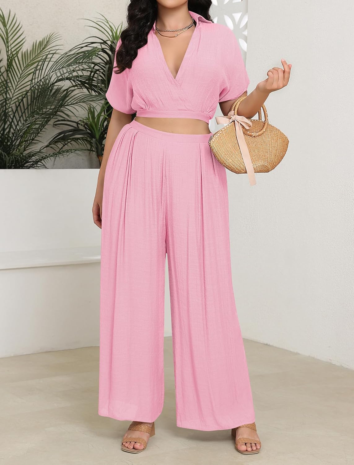 Lounge Sets for Women Two Piece V Neck Crop Top Flowy Pants Set Vacation Travel Summer Outfits - Image 6