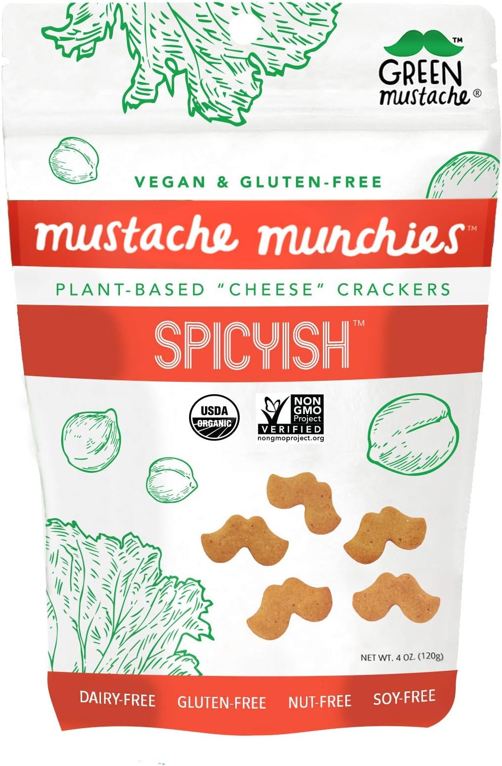 Mustache Munchies Organic Baked SPICYISH Crackers | Vegan, Gluten Free, Plant-Based Cheese Snack | 4 ounce, 3 count