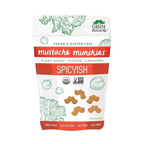 Mustache Munchies Galletas orgánicas horneadas SPICYISH  Veganas, sin gluten, aperitivo de queso a base de plantas  4 onzas, 3 unidades