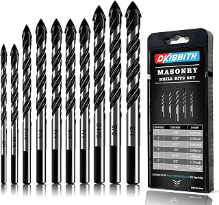 DKIBBITH 10-Piece Masonry Drill Bit Set 1/8"-1/2" Tungsten Carbide for Concrete, Tile, Brick, Glass - Triangle Anti-Slip Shank