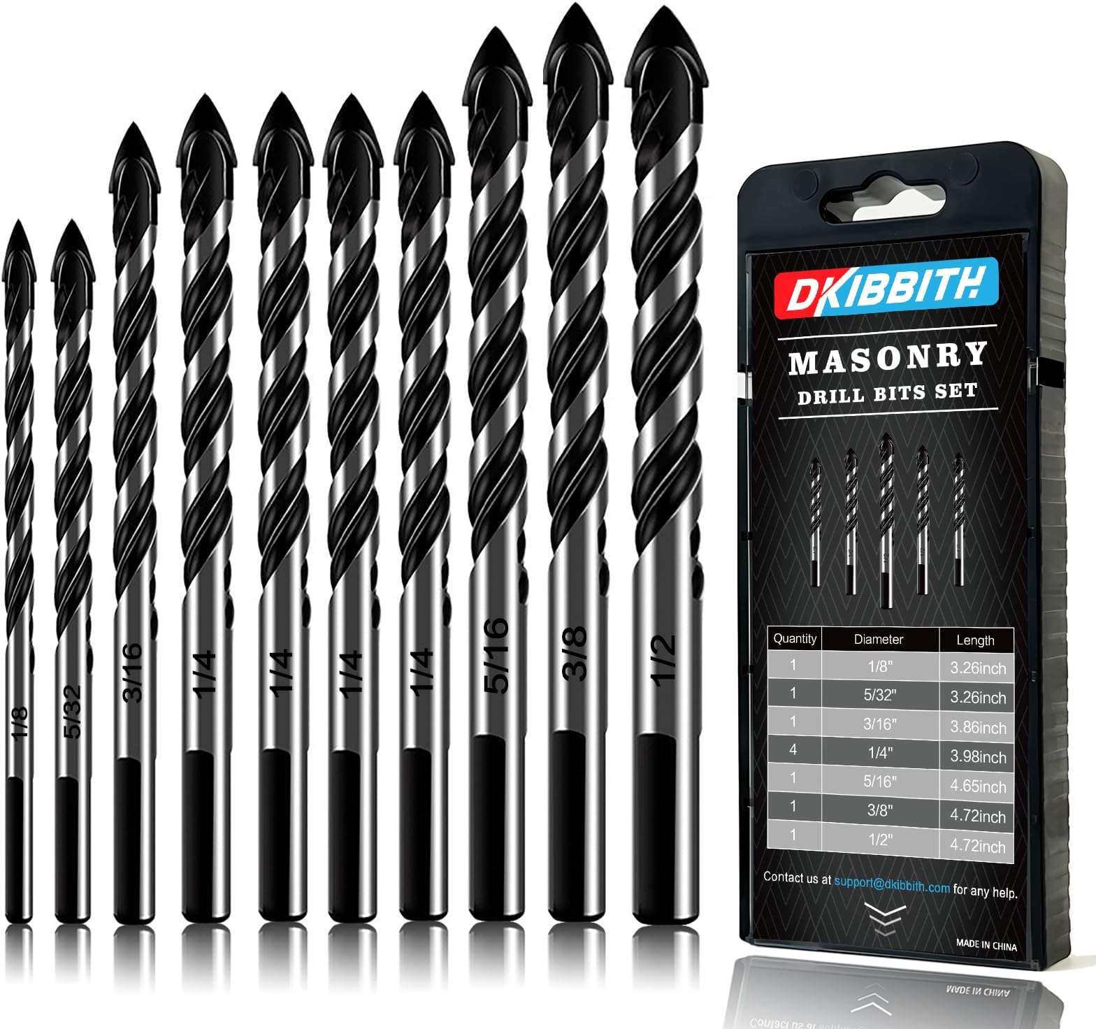 DKIBBITH 10-Piece Masonry Drill Bits Set for Tile Glass Ceramic Brick Wood, 1/8 to 1/2 Inch Drilling Bits with Triangle Handle, YG8 Tungsten Steel Alloy Tip.（Black）