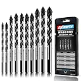 10-Piece Masonry Drill Bit Set for Concrete Tile Glass Ceramic Brick,1/8 to 1/2 Inch Drilling Bits with Triangle Handle,Tungsten Steel Alloy Tip.（Black）