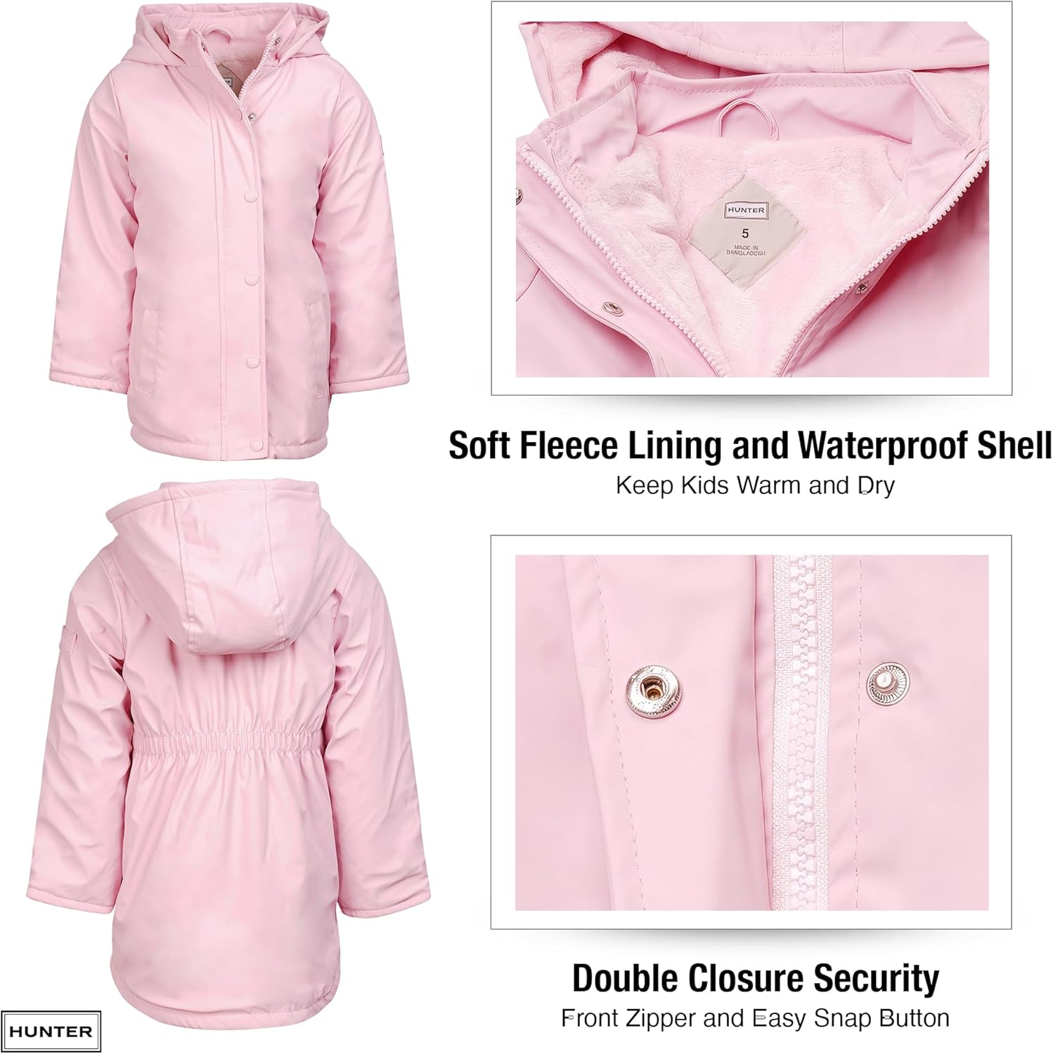 Hunter Clothes Girls – Plush Lined Waterproof Rain Jacket with Hood | Lightweight Windbreaker Coat for Girls Sizes (2T–12)