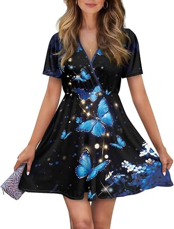 Women Casual Short Sleeve Sundress V Neck A-Line Midi Dress T-Shirt Dress 2026 Summer Beach Vacation Outfits S-XXL
