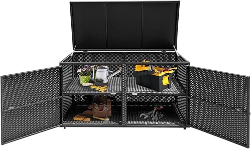 Tangkula Caja de almacenamiento de mimbre para exteriores, contenedor de terraza de jardín con marco de acero, caja de almacenamiento de ratán con