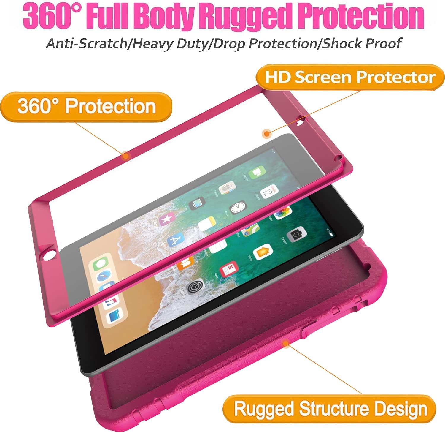 BMOUO iPad 6th/5th Generation Case for Kids,iPad 9.7 Kids Case,iPad Air 2 Case for Kids,Built-in Screen Protector,[360° Rotating Handle Stand] Shockproof Lightweight Case for iPad 9.7" 2018/2017,Rose