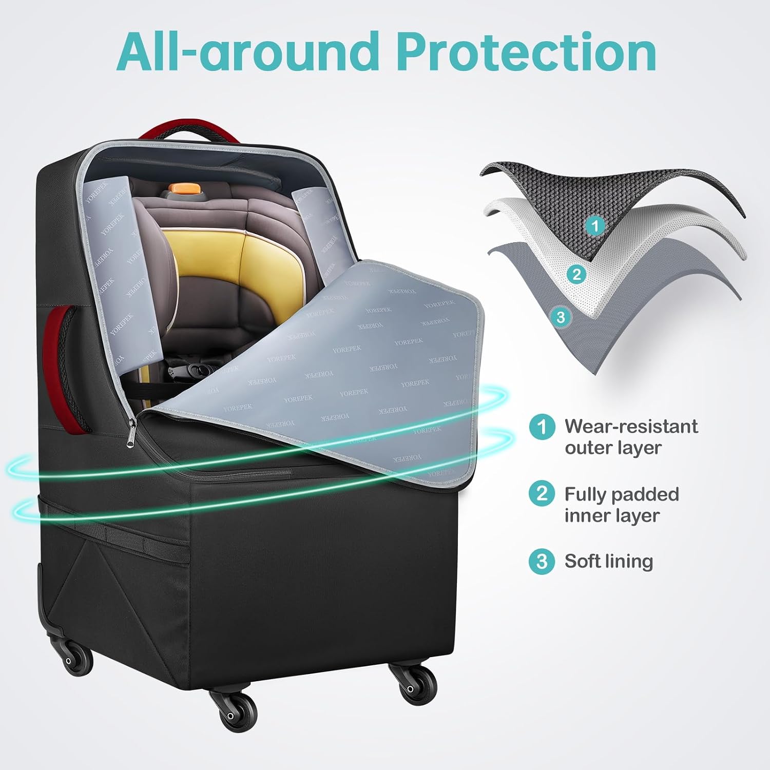 YOREPEK Car Seat Travel Bag with 4 Spinner Wheels & Stable Base, Padded Carseat Bags for Air Travel with Shoulder Straps, Car Seat Carrier for Airport with Extra Pocket for Baby Travel Essentials