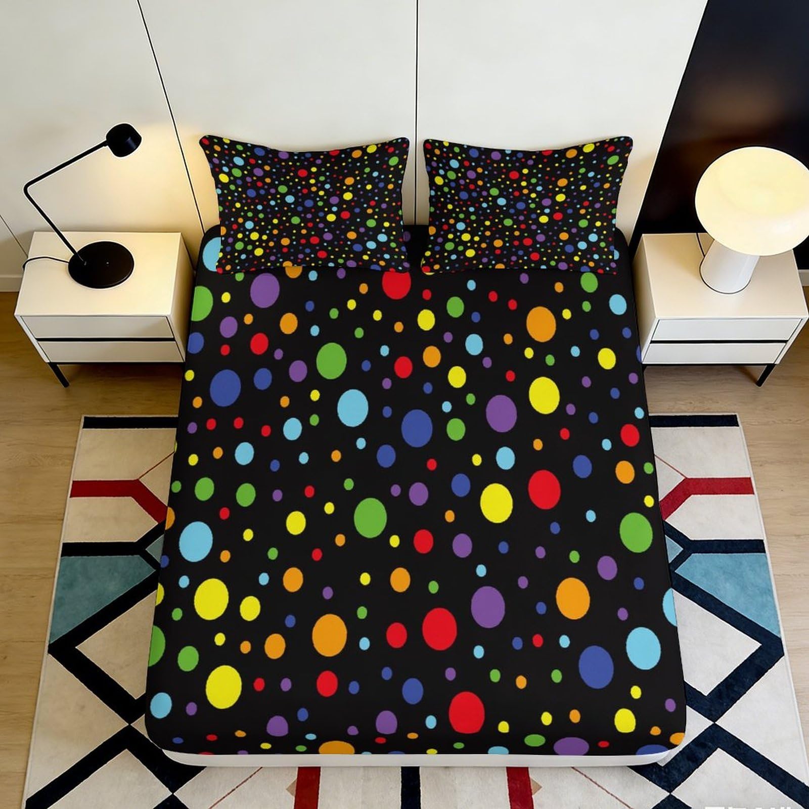 3D Printed Colorful Polka Dot Fitted Sheet Microfiber Soft Bedroom Decor Rainbow Spots Mattress Cover 90x200x25cm