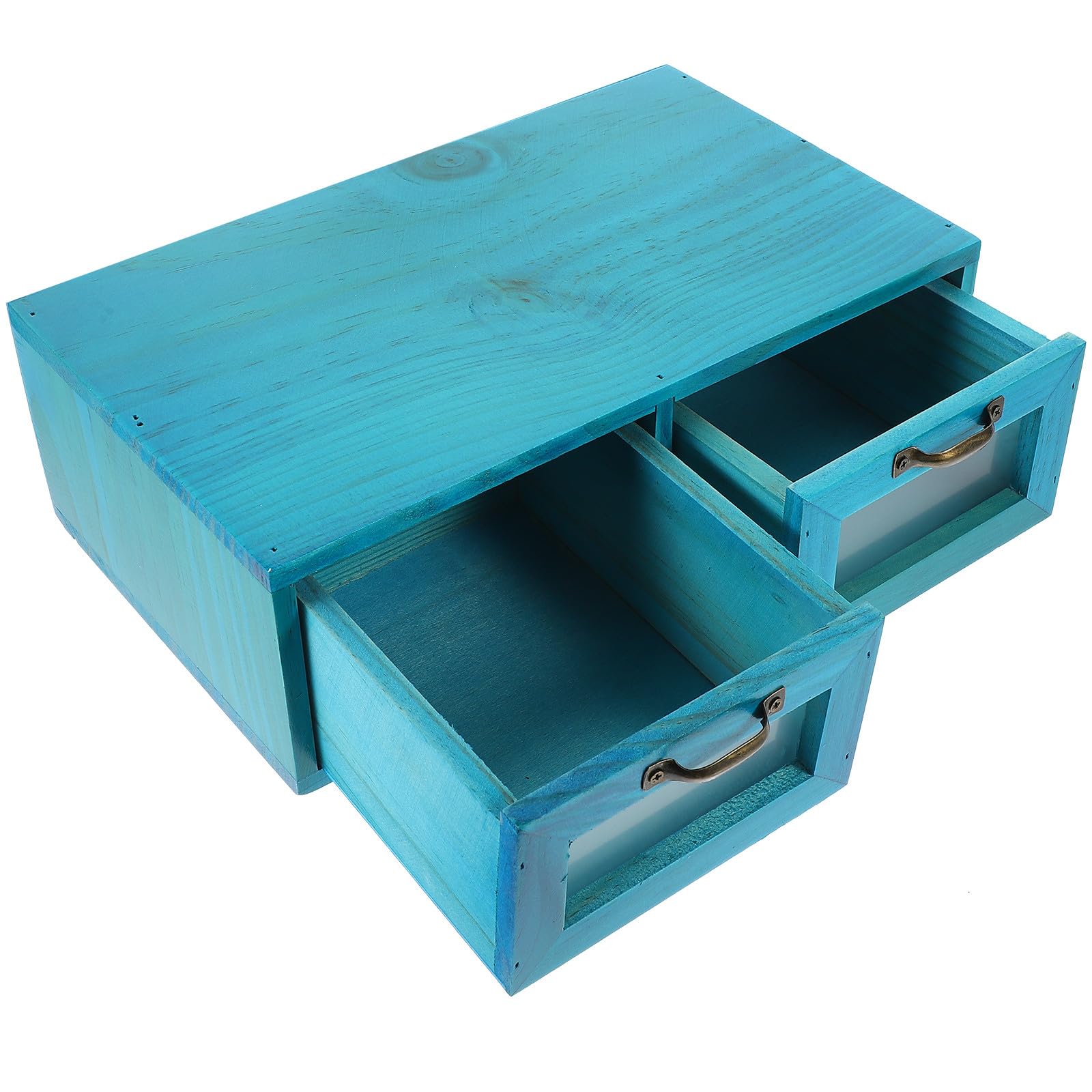 Organizador de Madera para Escritorio 2 Cajones Gabinete Pequeño Azul Mediterráneo Estante de Almacenamiento Multifuncional para Maquillaje y Artículos Diversos Soporte Estable