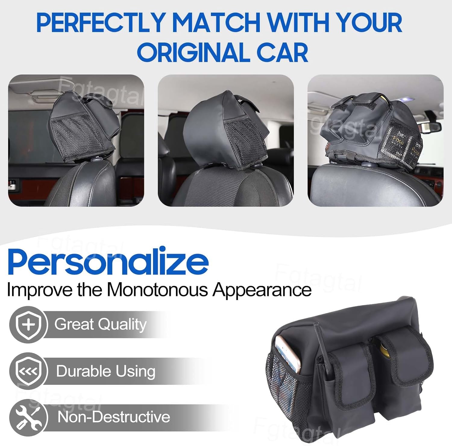 Car Headrest Storage Bag Compatible with Toyota FJ Cruiser 2007-2021, Seat Back Hanging Bag Organizer Oxford Cloth Car Storage Bag Pouch Pocket Space Saving, 1PCS
