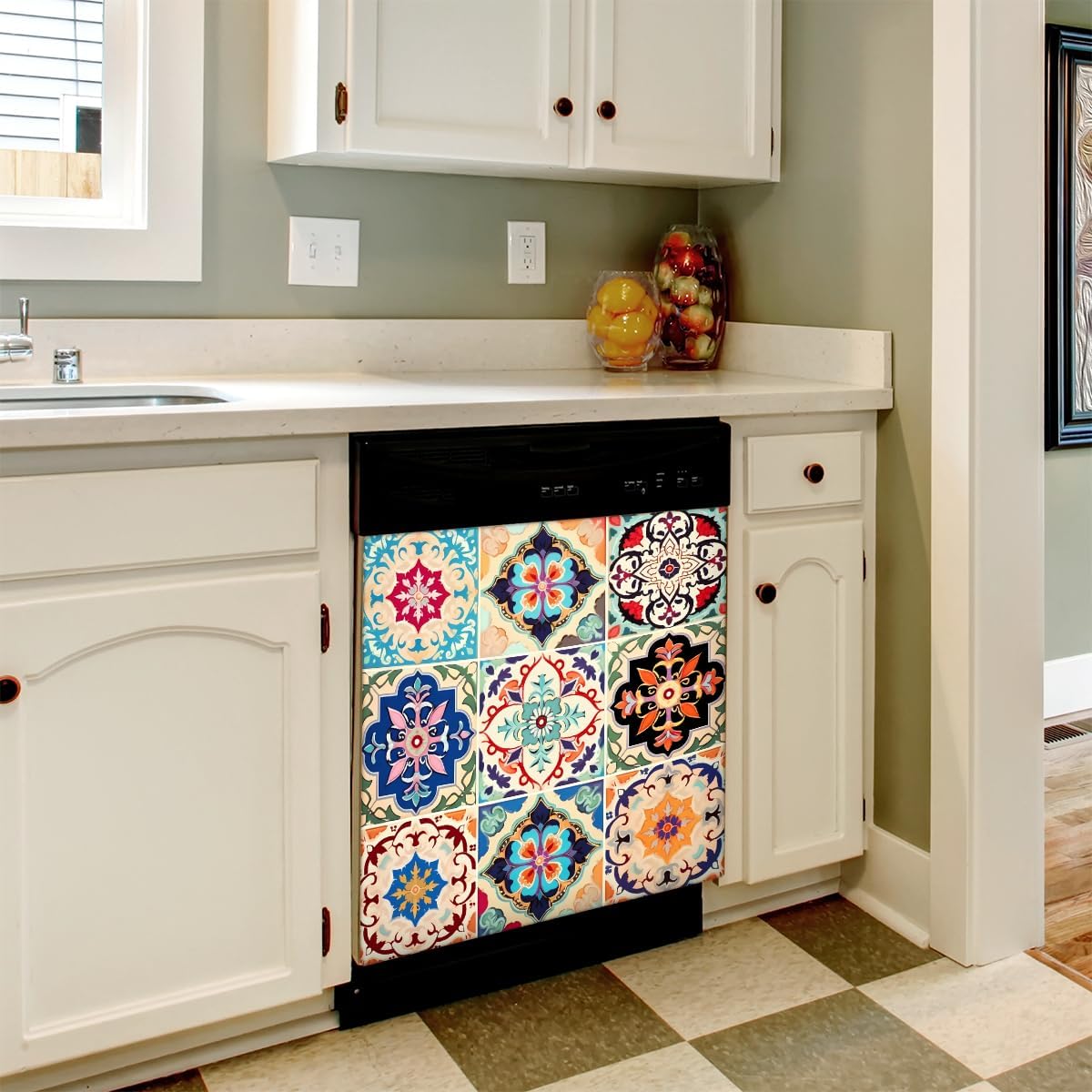 Dishwasher Magnet Cover Colorful Boho Ceramic Tile Reusable Dishwasher Magnetic Cover Sticker Decorative Dish Washer Door Cover Panel for Home Kitcen Appliance