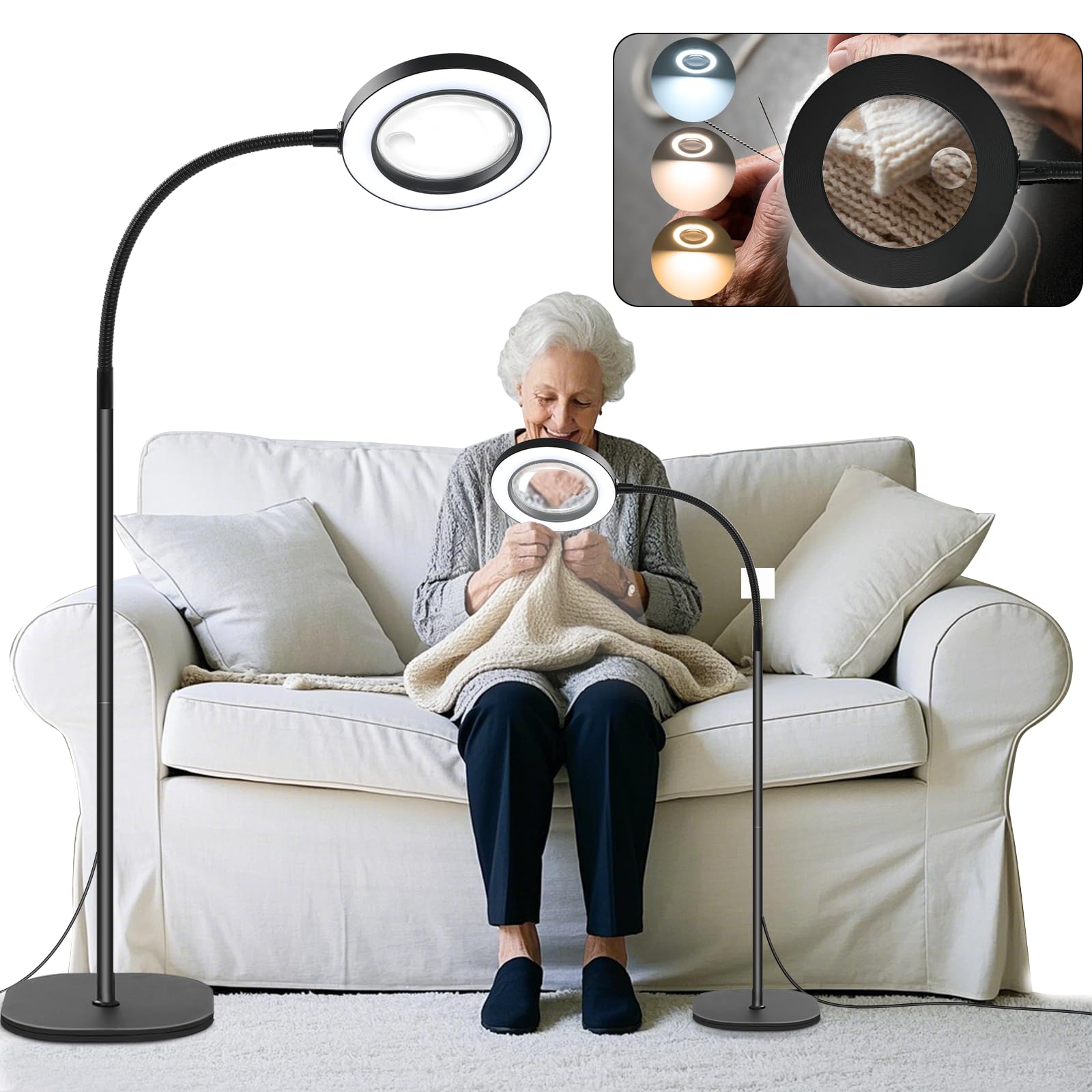 10X 30X Floor Magnifying Glass with Light and Stand, 72 LED Floor Magnifying Lamp, 3 Color Modes 10 Stepless Dimmable Floor Magnifiers for Reading, Sewing, Crafts, Painting, DIY, Close Work Black