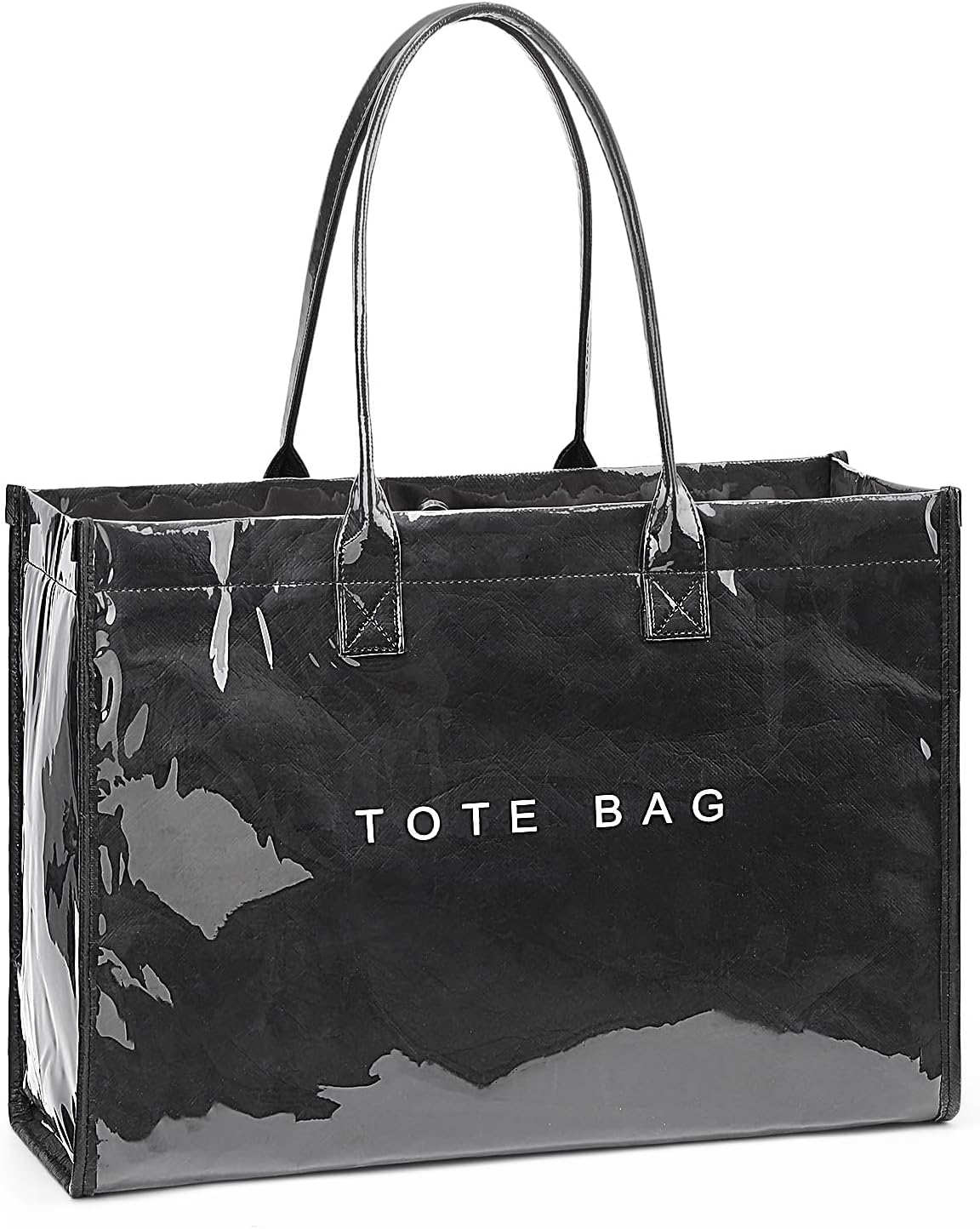 Lushandy PVC Tote Bag for Women, Large Plastic Tote Purse Work Kraft Paper Letter Print Shoulder Bag Carry All Hobo Handbag